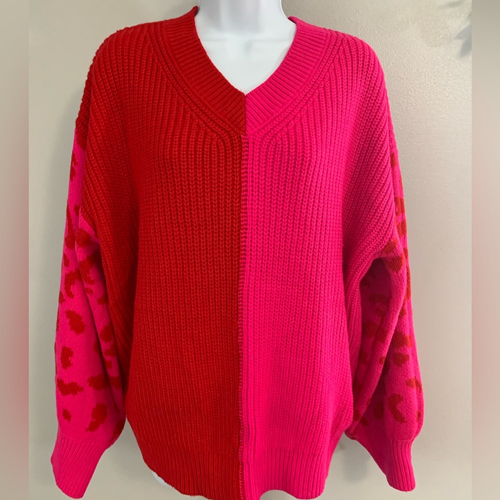 Shop The Mint Colorblock Red and Pink Sweater
